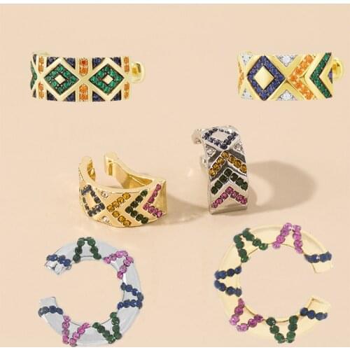 Ethnic Crystal Earcuffs For Women Bohemia Rhinestone Ear Cuff Ear Climber Earrings C Huggie Brincos Circle Clip On Earring