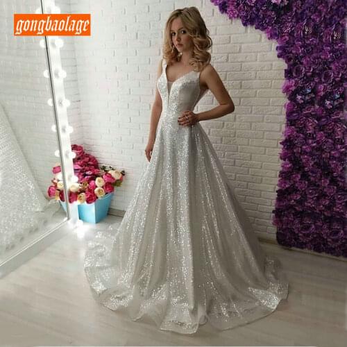 Gorgeous BOHO Bling Bling V-Neck Ivory Wedding Gowns Long 2020 White Beach Wedding Dress Sequined Sleeveless Sexy Bridal Dresses