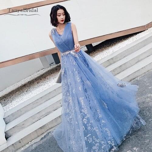 Sky Blue Prom Dresses 2020 V Neck Tulle Sleeveless Evening Gown A-line Lace Up Backless Vestido De Birthday Evening Party Dress