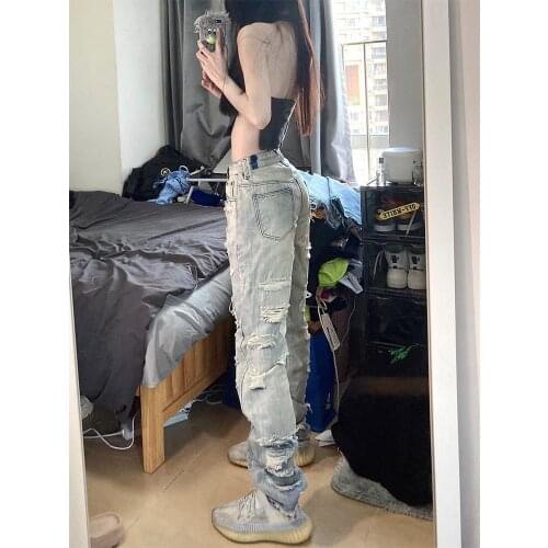 Japan Ripped Jeans Girl Women Funny Solid Straight Summer Loose Cotton Cargo Pants Streetwear Cool Harajuku Punk Jeans Female