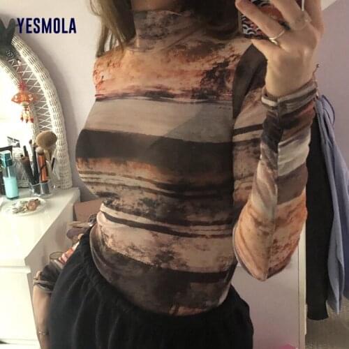 YESMOLA Y2k Contrast Color Half High Neck Long Sleeve Slim Bottomed Shirt for Women 2021 Autumn Sexy Exposed Navel T Shirt