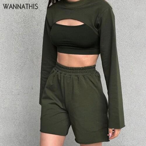 WannaThis Hollow Out Solid Cropped Blouses Women Long Sleeve O-Neck Loose Minimalist Sexy Tee Casual Womans Clothing 2021 Tops