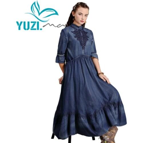 Dress Women 2019 Yuzi.may Boho New Denim Women Dresses Stand Collar Vintage Embroidery Half Sleeve Vestidos A82190 Vestido