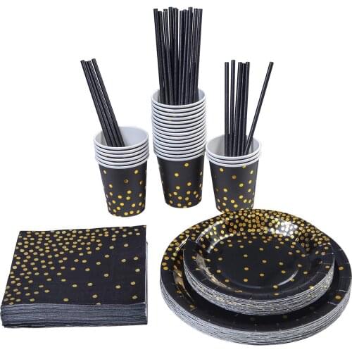 120pcs/set Gold Black Birthday Party Disposable Tableware Set Table Decoration Paper Cups Plates Straws Wedding Party Supplies