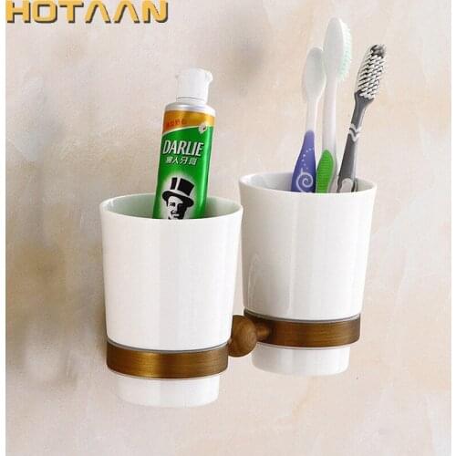 Free shipping Fashion toothbrush holder,Pure copper&ceramic,Double cup, Bathroom tumbler holder bathroom set-wholesale YT-13208