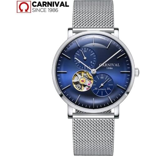CARNIVAL Simple Blue Mechanical Watches Mens Tourbillon Automatic Watch Men Small second dial 24 hours display Montre homme 2019