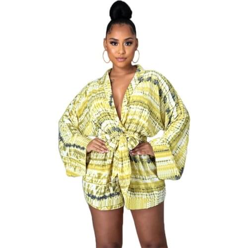 Elegant Print Yellow Playsuit Women Sexy Wrap V Neck Lace Up Long Sleeve Shorts Loose Jumpsuit Women Casual Slim Streetwear New
