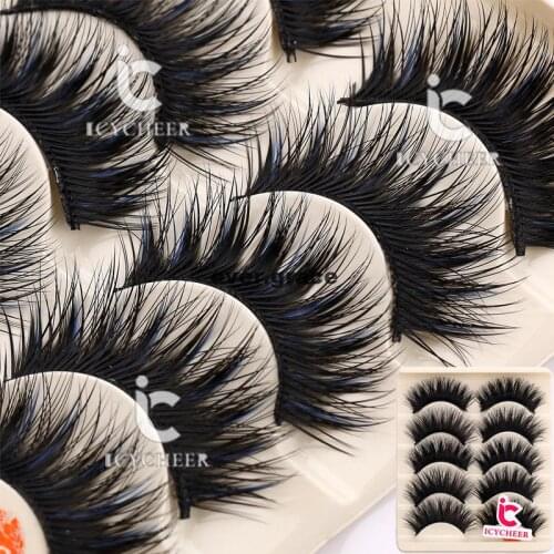 ICYCHEER 5 Pairs Double Colour Blue+Black Soft Thick Cross False Eyelashes Eye Lashes Makeup Extension Tools