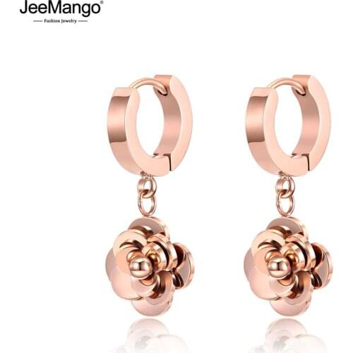 JeeMango Delicate Cute FLOWER Stainless Steel Hoop Earring For Women Girl Birthday Gift Trendy Female Party Ear Jewelry E18474