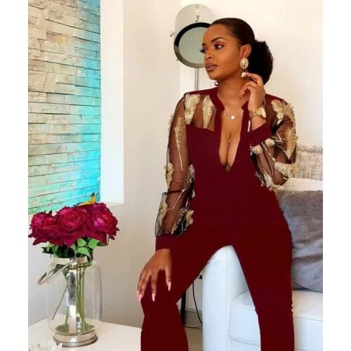 OKAYOASIS Sexy Women Long Sleeve Bodycon Mesh Party Jumpsuit Autumn Wide Leg Straight Casual Jumpsuit Romper