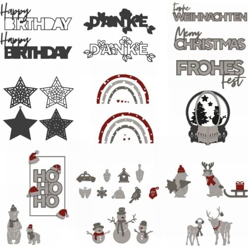 Metal Cutting Dies Hollow Capital Words Happy birthday Merry Christmas Hat Elk Snowman Star Heart Arched Pattern DIY 2020