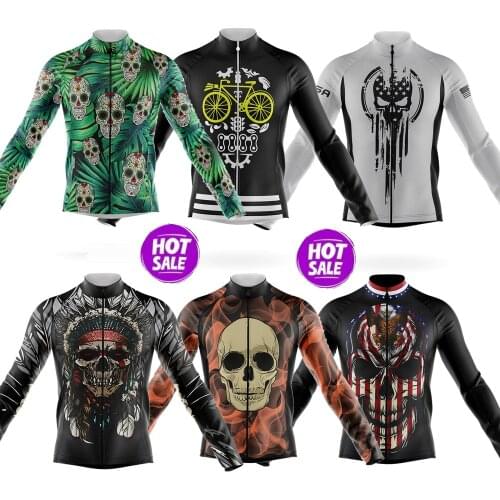 2021 Summer Mens Flag Skull Cycling Jersey Long Sleeve Clothing Race Road Bike Shirts Bicycle Tops MTB Uniform Maillot