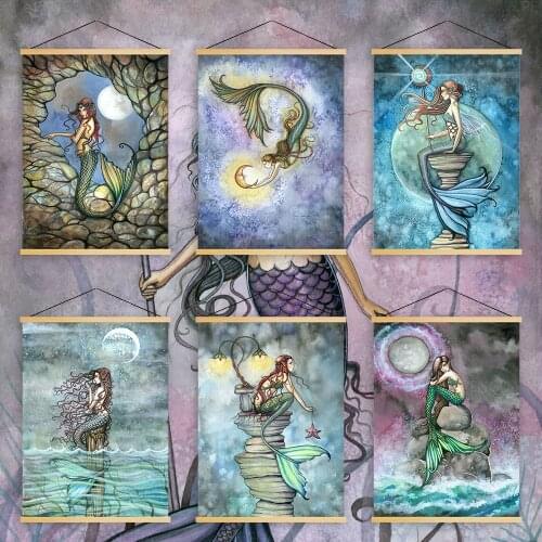 Canvas Wall Art Modern Prints Painting Solid Wood Hanging Scrolls Mermaid Moon Posters Home Decor Living Room Modular Pictures