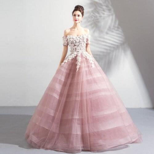 New Arrival Puffy Ball Gown Prom Dresses Off The Shoulder Flowers Cameo Pink Formal Party Dresses Short Sleeves Prom Gowns