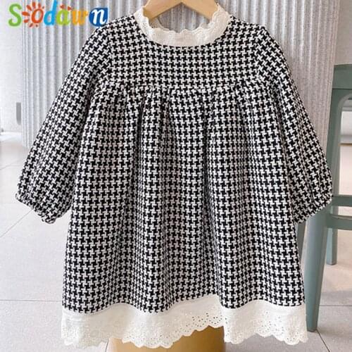 Sodawn Autumn Winter Long Sleeve Plaid Pattern Lace Decoration Puff Sleeve Dress Girl Clothes Kid Clothes