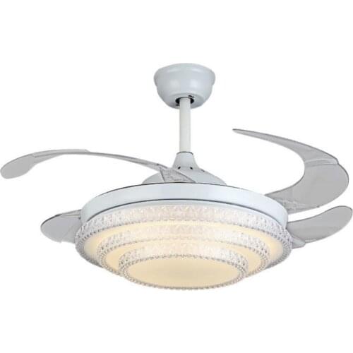 YEELED Light 42" Invisible Ceiling Fan with 3-Color Light and Remote Retractable Blades Crystal Fandelier for Indoor Rooms