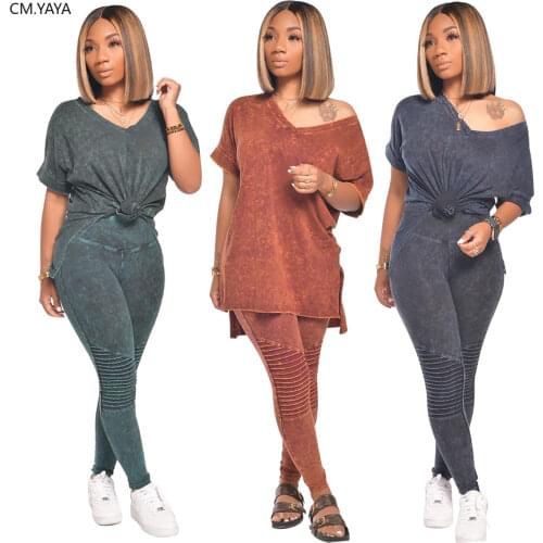 CM.YAYA Women solid v-neck high low tee top drap pencil leggings jogger sweatpants suit two piece set sport matching set outfit