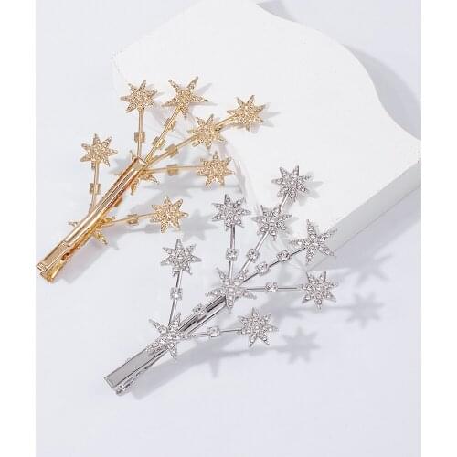 Rhinestone Crystal Hairpin For Women Stars Barrette Hair Clip Pin Gold Silver Color Metal Hair Accessories Trendy Party Headwear