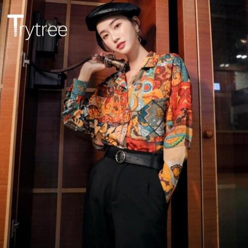 Trytree 2020 Summer Woman Casual Blouse Turn-down Collar Single Breasted Vintage Temperament Print All-Purpose Style Blouse Top