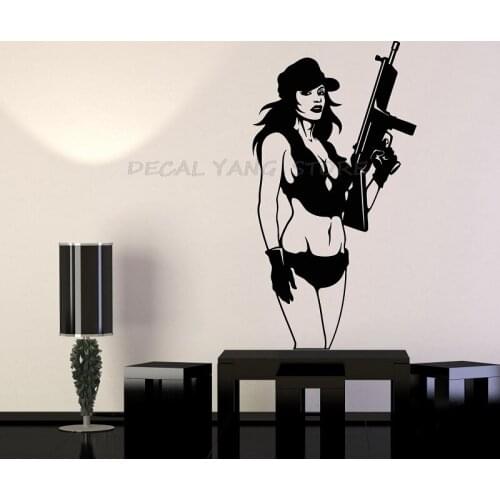 Vinyl wall applique sexy woman girl with gun military weapon sticker mural, home living room room decoration 1563