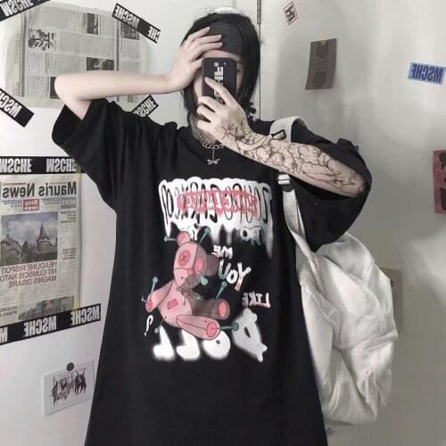 Japanese clothes Woman tshirts y2k goth Pop black Bear print Harajuku tops print Diablo Loose Short Sleeve kawaii anime graphic