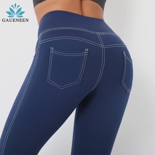 2021 New Imitation Denim High Waist Womens Pants Pocket Hip-Lift Yoga Legging Nude Feel Sports Tight Fitness Pants Female