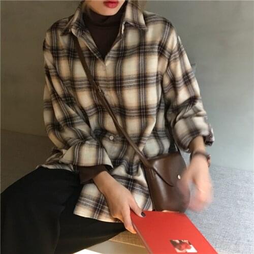 Womens Shirts Kawaii Girl Ulzzang Vintage Plaid Long Sleeve Shirt Lady Ulzzang Harajuku Ins Top for Women Tunic Summer Cute