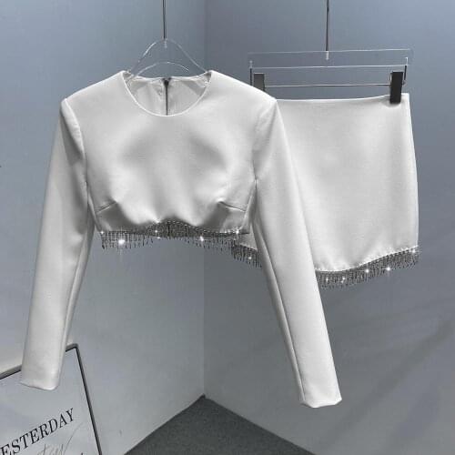 New Arrivals Women 2 Piece Sets Fashion Suit 2021 O-Neck Long Sleeve Zippers Top Short Skirt White Diomand Sets For Women