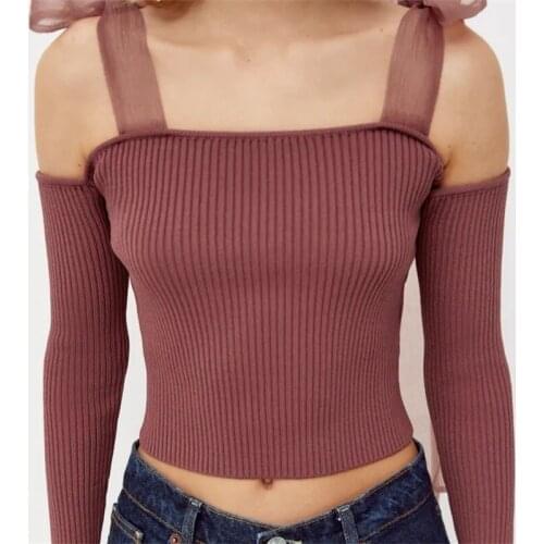 Women 2021 Fashion With Organza Straps Cropped Knitted Sweater Vintage Long Sleeve Female Pullovers Chic Tops
