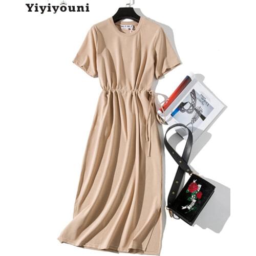 Yiyiyouni Casual Split High Waist Sashes Dress Women Summer Loose Short Sleeve T-shirt Dress Women Pocket Black Mid-Calf Dresses