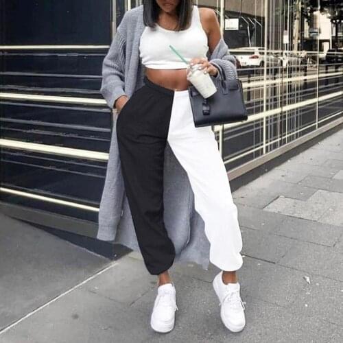 Women Casual Trousers Color Block Ankle Tied High Waist Pockets Harem Pants Long Trousers Fitness Tracksuit High Hop Pant 2021