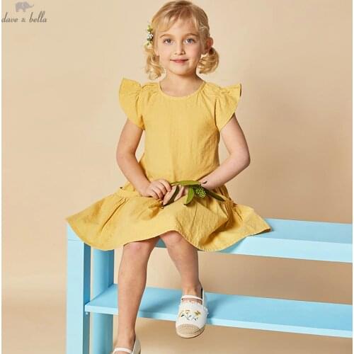 DKH17048 dave bella summer girls 5Y-13Y fashion cartoon solid draped dress children sweet dress kids infant lolita clothes