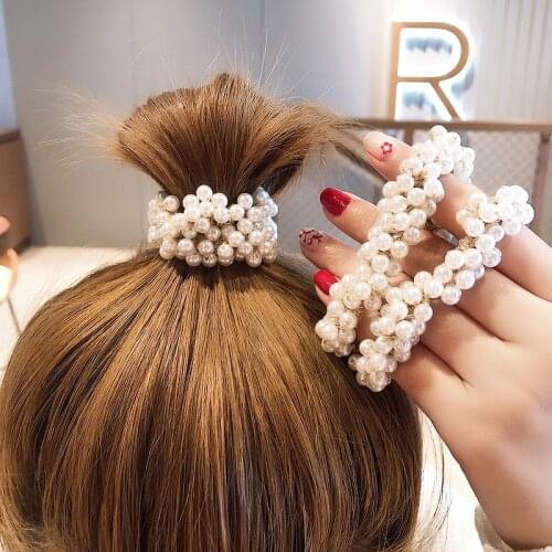 Fashion Girls Elegant Colorful Faux Pearl Beads Tie Elastic Hair Bands Rope Scrunchie Ponytail Holder Hair Accessories for Women