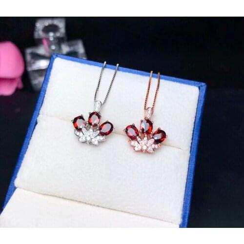 Luxurious Red Garnet Crown Necklace Women, Silver 925 Lotus Flower Jewelry, 4*5mm*3pcs Gemstone, Velvet Box Certificate FN218