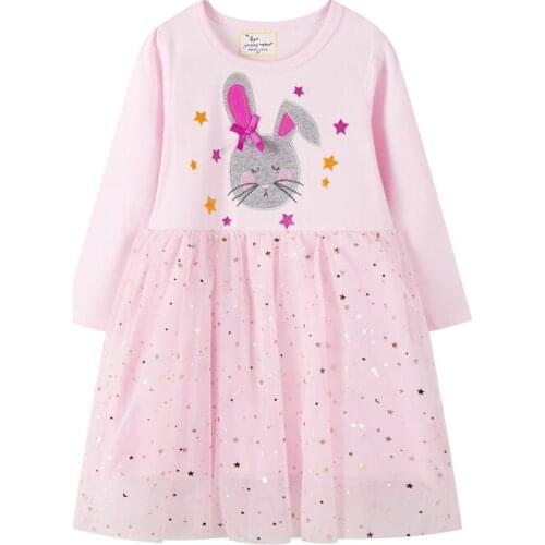 Spring Kids Casual Clothes Girls Sequined Cartoon Printed Tulle Dress Princess Party Mesh Dresses for 3-7 Years Old Baby Girls