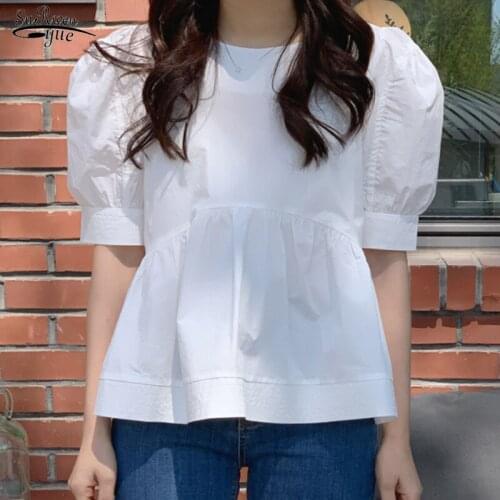 2021 Summer Cute Short Sleeve Womens Blouse Korean Round Neck Loose Sweet Shirt Women White Shirt Short Shirt Puff Sleeve 14372
