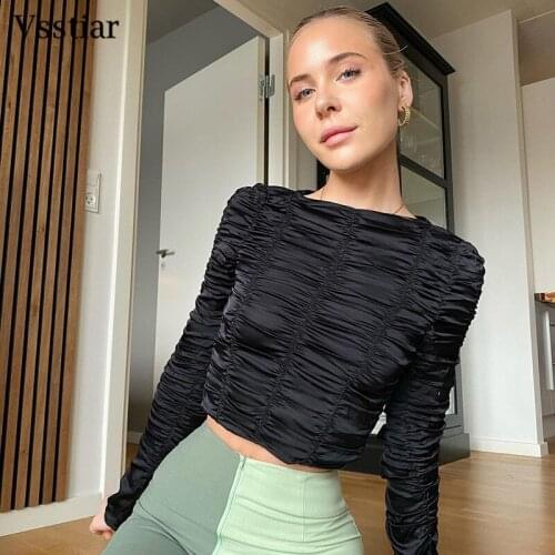 Vsstiar Ruched Tees Tops Round Neck Full Sleeve Shirring Women T-Shirts Black Street Casual Fashion Shirts 2021 Autumn Winter