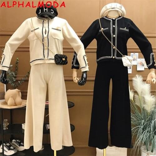 ALPHALMODA Autumn 2020 Womens Graceful Knitting Suit Single Breasted Cardigan High Waist Wide Leg Pants Ladies Slim 2pcs Set