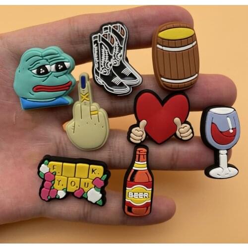 Free Shipping 1Pcs PVC Slipper Accessories Sad Frog Heart Gesture Brown Pink Hat For Crocs Charms Kids X-Mas Party Gifts