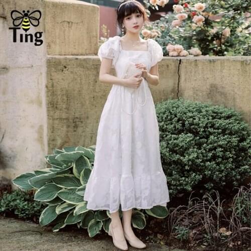 Tingfly Vintage Elegant Solf Girl White Color Puff Sleeve A Line Midi Long Dress Party Dinner Dresses Summer Casual Vestidos Za