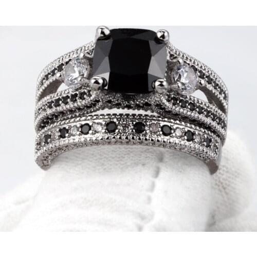 FDLK 2pcs/Set Vintage Geometric Black Zircon Rings Set For Women Jewelry Accessories Bridal Wedding Engagement Ring Gift