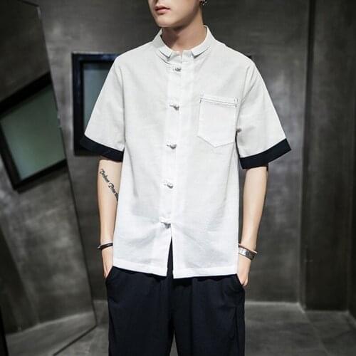 Chinese Style Cotton T Shirt Men Short Sleeve Vintage Casual Mens T Shirts Buckle Kungfu Outfit Summer Fashion Man T-Shirt 30710