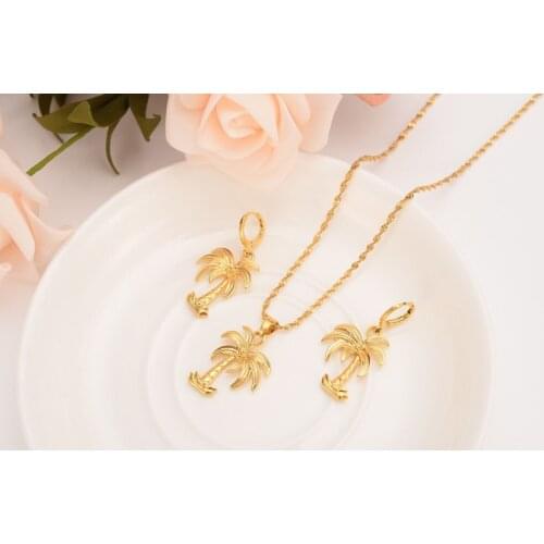K Solid gold Finish Coco tree Necklace Chain earrings Pendant Fashion New Choker Jewelry sets Women Teens Girl Charms Jewelry