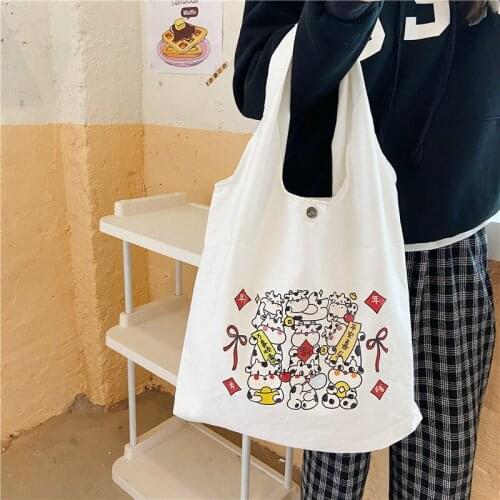 Chinese Fashion Canvas Bag For Women Cartoon Cow Print Shoulder Bag Large-capacity Tote Bag Shopping Bag Crossbody Bag Women Sac