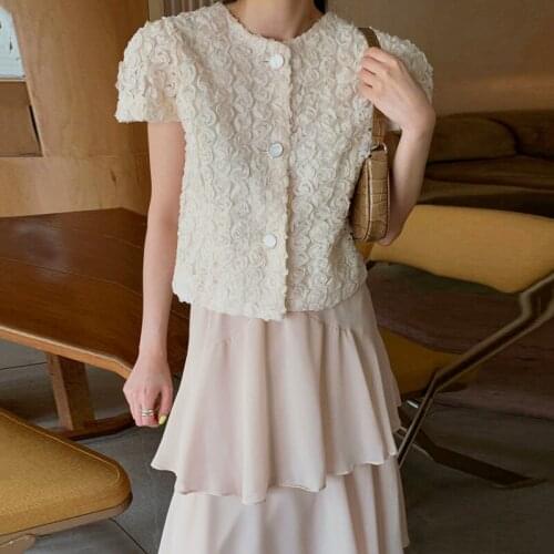 Korean Chic Gentle Round Neck Three-Dimensional Flower Puff Sleeve Shirt + High Waist Layered Ruffle Skirt Suit
