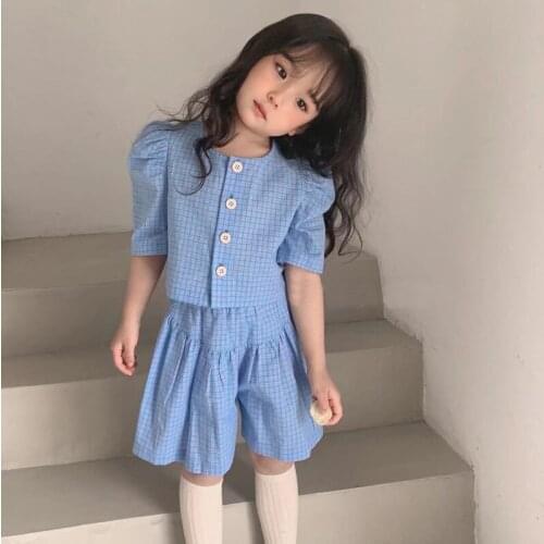 2021 Summer Baby Summer Clothing Children 2Pcs Clothes Suit Plaid Little Girl Sets Short Sleeve Shirts Top + Shorts Set Casual