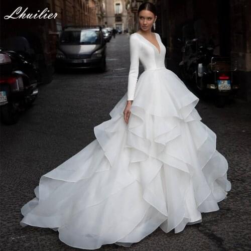 Lhuilier A-line V-neck Tiered Satin Wedding Dresses 2020 Long Sleeves Ruffled Organza Bridal Dress Court Train