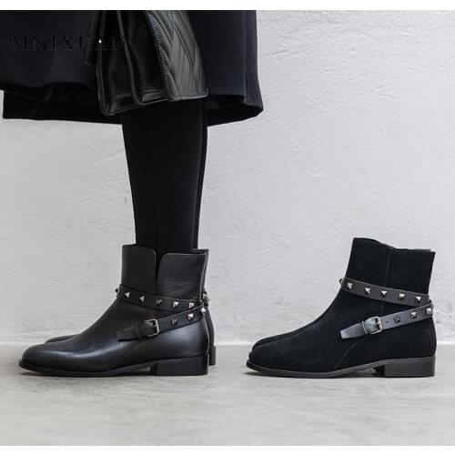 MNIXUAN Handmade fashion winter ankle boots for women 2019 new genuine leather block heel shoes low heel rivet Motorcycle boots