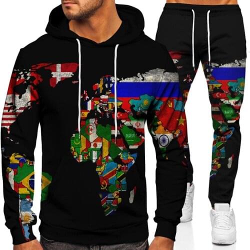 2021 Spring and Autumn Mens Sweater Set Leisure Map Sportswear Trend Hooded Two-piece