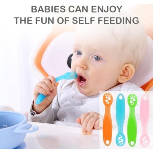 2PCS Lovely Baby Learning Spoons Set Infant Toddler Anti-slip Feeding Training Utensils Tableware Silicone Teether